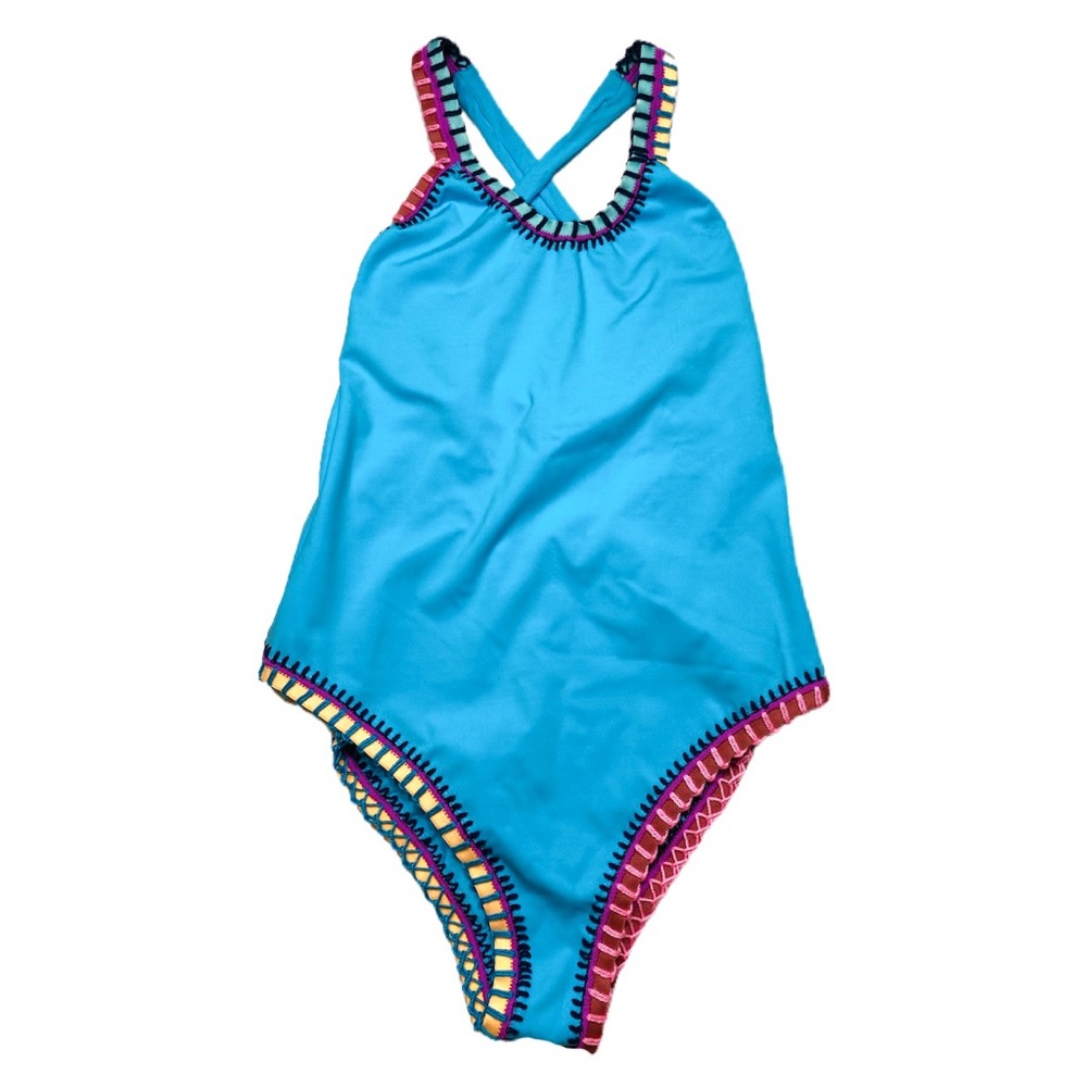 PilyQ Blue Crochet Trim One Piece Small NWOT